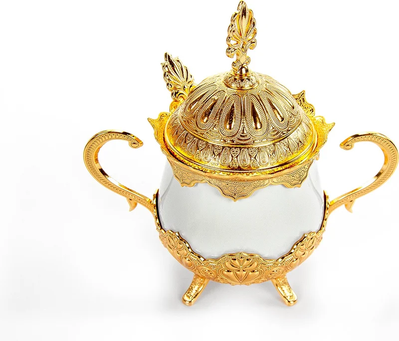 İhvan Online Ihvan Online Luxury Porcelain Sugar Bowl with Lid and Spoon Turkish Delight Bowl Silver Gold