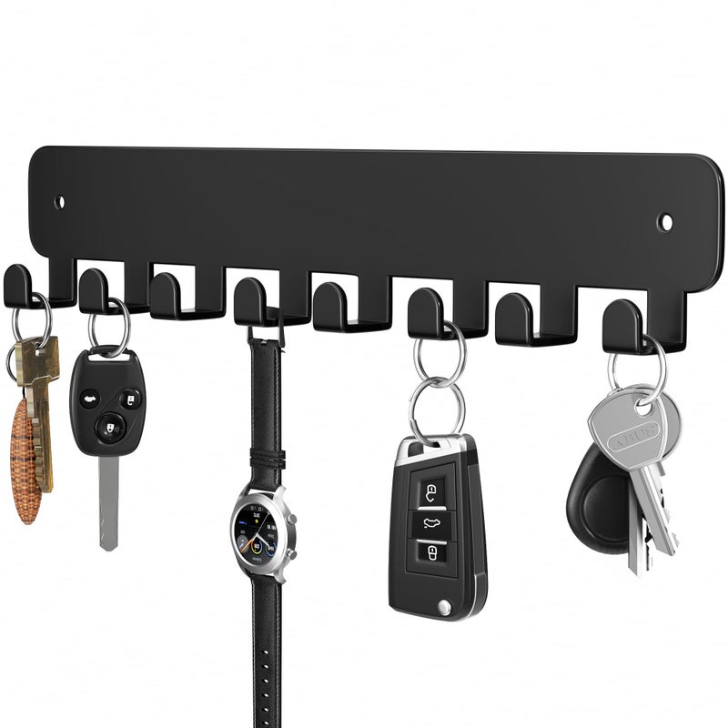 pickpiff Key Holder Wall Mount, Adhesive Key Rack with 8 Hooks Hanger for Car Key Ring, Metal Key Chain Organizer, Black 1 Pack - Image 1