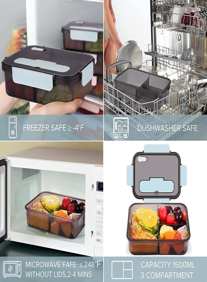 SEMITO Leak Proof Lunch Box with 3 Compartment Reusable Microwave Freezer Safe Food Containers with Spoon and Fork for Adults and Kids 1500ml PP Plastic (Multicolor) - Image 5