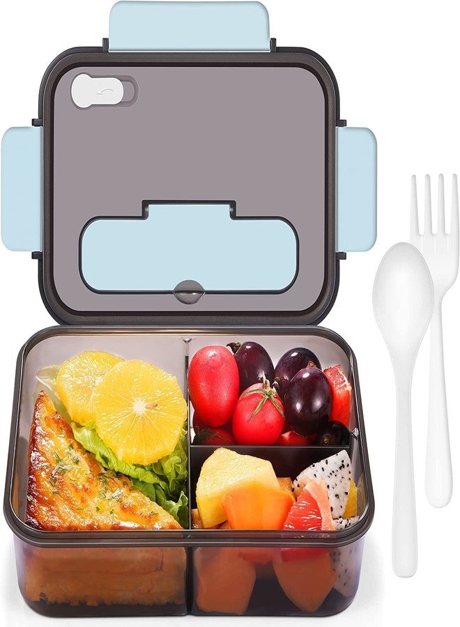 SEMITO Leak Proof Lunch Box with 3 Compartment Reusable Microwave Freezer Safe Food Containers with Spoon and Fork for Adults and Kids 1500ml PP Plastic (Multicolor) - Image 1