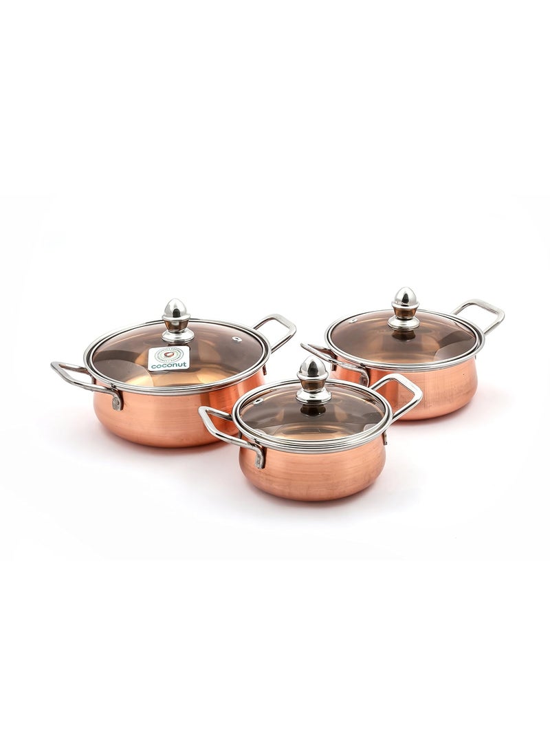 Coconut - Coconut Minar Copper with Glass Lid Cookware Set (Stainless Steel, Copper, 3 - Piece) - Image 1