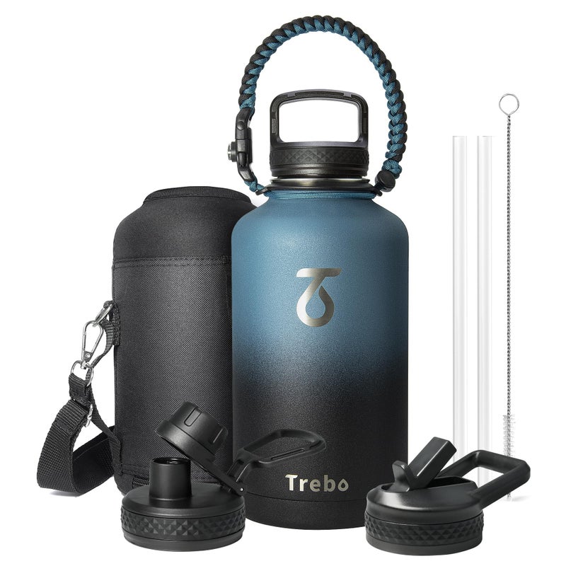 Trebo Water Bottle 64oz with Paracord Handle, Half Gallon Large Vacuum Double Wall Stainless Steel Insulated Water Jug with Holder Strap Straw Spout Lids, Leakproof Keep Cold & Hot, Indigo/Black - Image 1