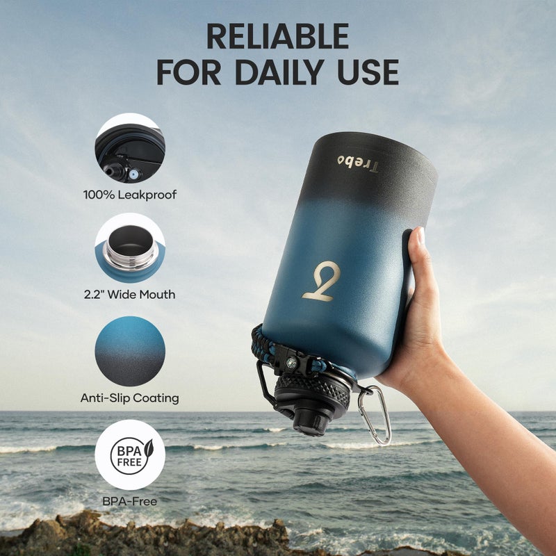 Trebo Water Bottle 64oz with Paracord Handle, Half Gallon Large Vacuum Double Wall Stainless Steel Insulated Water Jug with Holder Strap Straw Spout Lids, Leakproof Keep Cold & Hot, Indigo/Black - Image 5