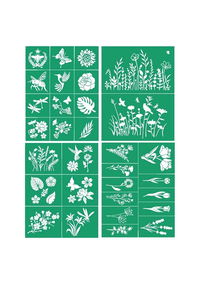 JAJADO Wild Flower Stencils 4Pcs Self Adhesive Silk Screen Stencils Rose Flower Animal Plant Spring Diy Stencils For Painting On Wood Tshirt Chalkboard Wall Canvas Home Decor - Image 1