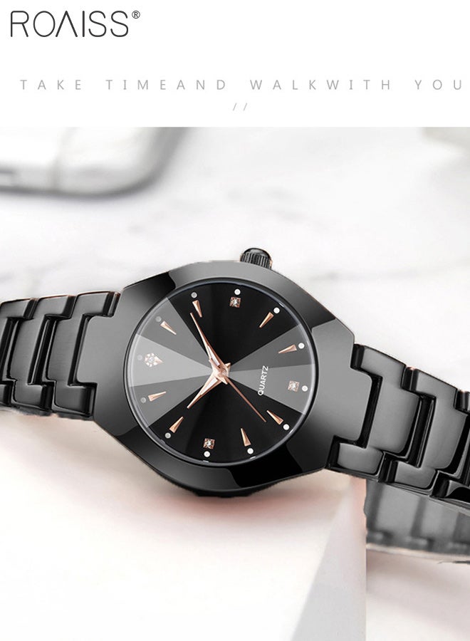 رويس قطعتان من ساعات الكوارتز الفاخرة الخفيفة للزوجين، شاشة تناظرية، قرص أسود دائري مع زخرفة من أحجار الراين، ساعة يد كلاسيكية أنيقة مقاومة للماء، كهدية للرجال والنساء - Image 3