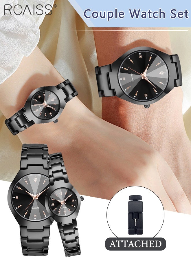 رويس قطعتان من ساعات الكوارتز الفاخرة الخفيفة للزوجين، شاشة تناظرية، قرص أسود دائري مع زخرفة من أحجار الراين، ساعة يد كلاسيكية أنيقة مقاومة للماء، كهدية للرجال والنساء - Image 1