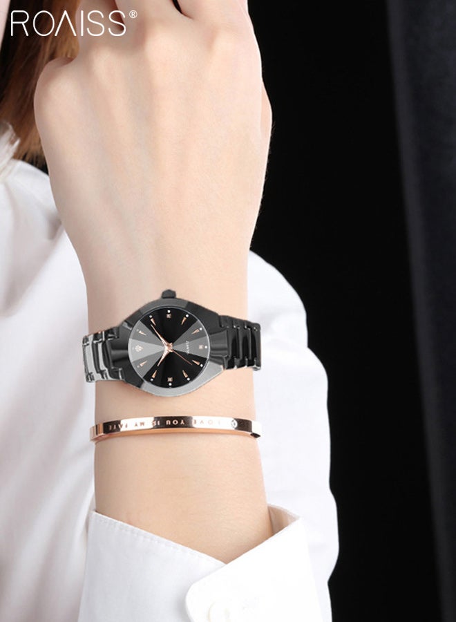 رويس قطعتان من ساعات الكوارتز الفاخرة الخفيفة للزوجين، شاشة تناظرية، قرص أسود دائري مع زخرفة من أحجار الراين، ساعة يد كلاسيكية أنيقة مقاومة للماء، كهدية للرجال والنساء - Image 2