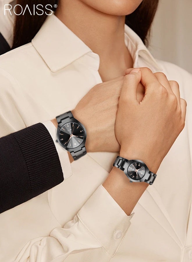 رويس قطعتان من ساعات الكوارتز الفاخرة الخفيفة للزوجين، شاشة تناظرية، قرص أسود دائري مع زخرفة من أحجار الراين، ساعة يد كلاسيكية أنيقة مقاومة للماء، كهدية للرجال والنساء - Image 5