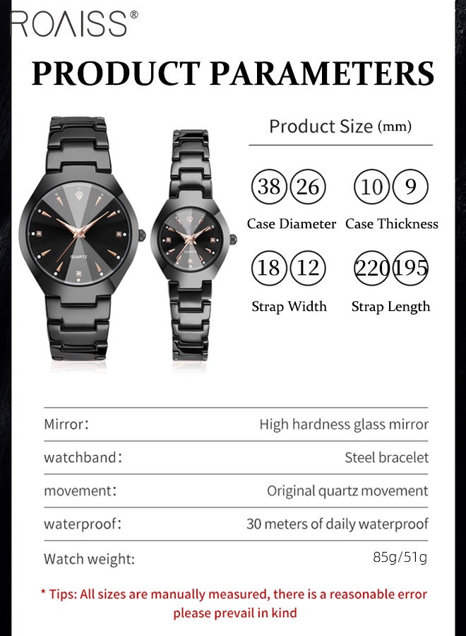 رويس قطعتان من ساعات الكوارتز الفاخرة الخفيفة للزوجين، شاشة تناظرية، قرص أسود دائري مع زخرفة من أحجار الراين، ساعة يد كلاسيكية أنيقة مقاومة للماء، كهدية للرجال والنساء - Image 4