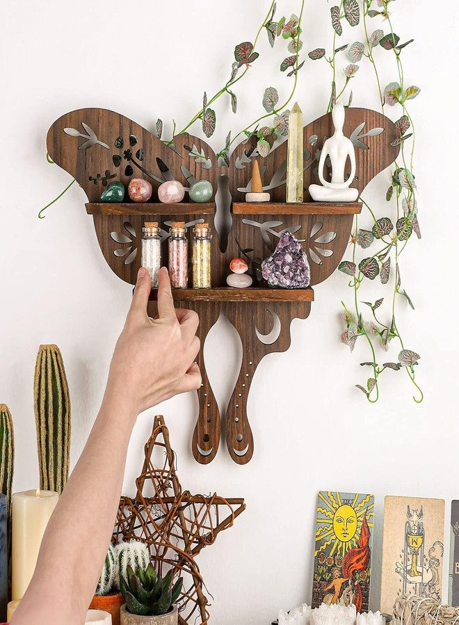 ANROYE Luna Moth Crystal Shelf Display, Boho Pine Wood Wall Floating Shelves with Light for Gem Stone Essential Oil Storage, Bohemian Wooden Butterfly Hanging Witch Rustic Decor Holder - Image 2