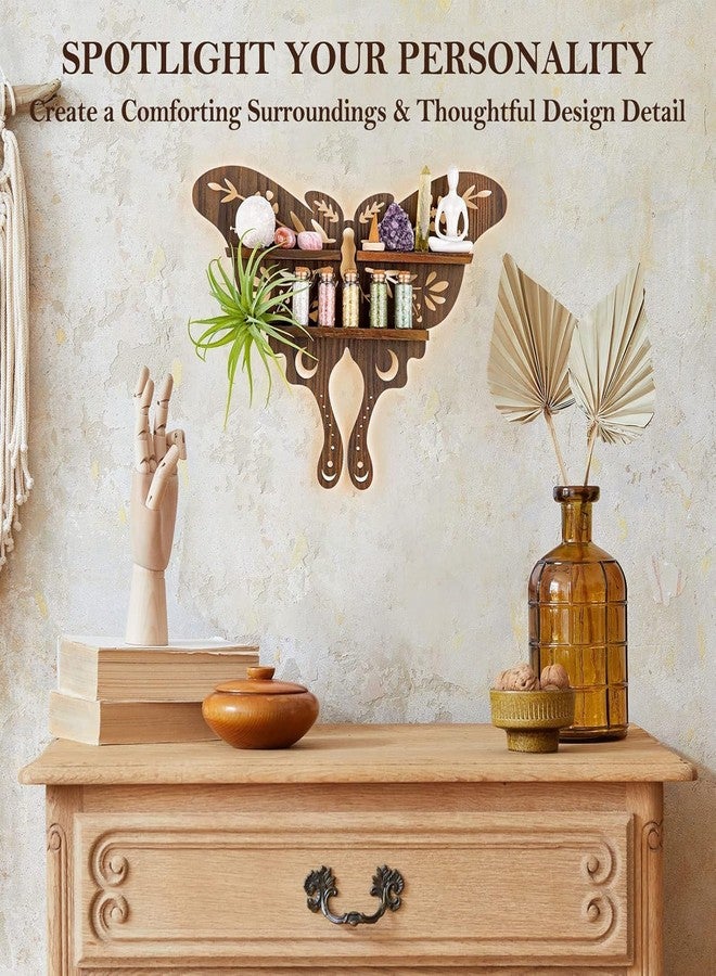 ANROYE Luna Moth Crystal Shelf Display, Boho Pine Wood Wall Floating Shelves with Light for Gem Stone Essential Oil Storage, Bohemian Wooden Butterfly Hanging Witch Rustic Decor Holder - Image 5