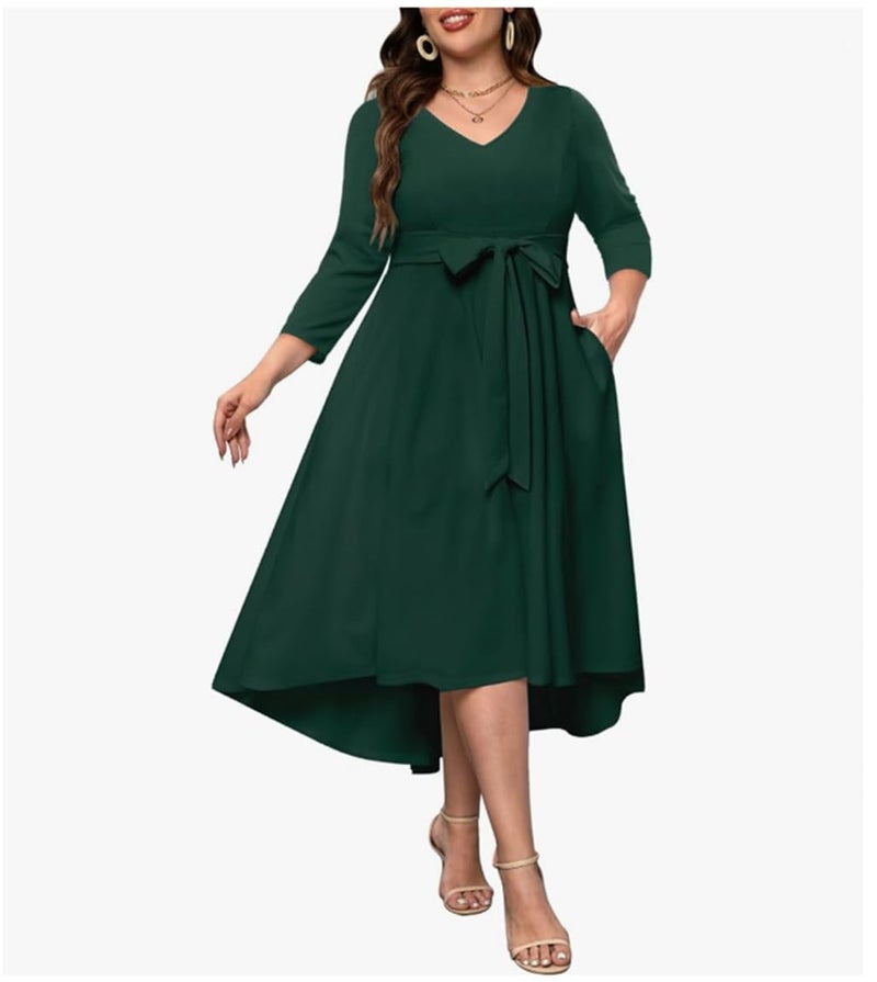 TATAIYA Women Plus Size V-Neck Party Cocktail High-Low Maxi Dress (Bottle Green_2XL) - Image 4