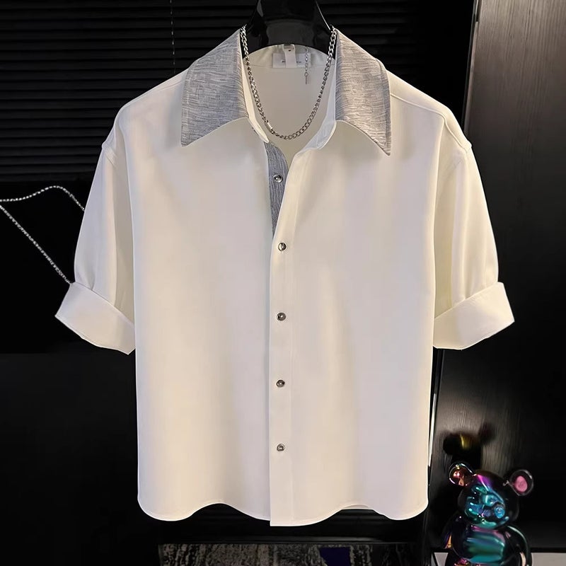 Men's Casual Short Sleeve Shirt with Patchwork Design, Lightweight Summer Blouse