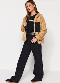 trendyol Camel Oversize Hooded Plush Coat with Pocket Detail TWOAW24MO00200  - Image 2