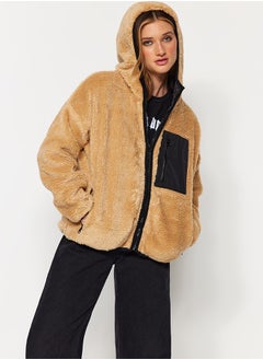 trendyol Camel Oversize Hooded Plush Coat with Pocket Detail TWOAW24MO00200  - Image 1
