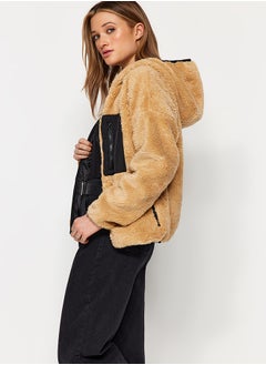 trendyol Camel Oversize Hooded Plush Coat with Pocket Detail TWOAW24MO00200  - Image 3