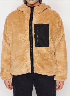 trendyol Camel Oversize Hooded Plush Coat with Pocket Detail TWOAW24MO00200  - Image 5