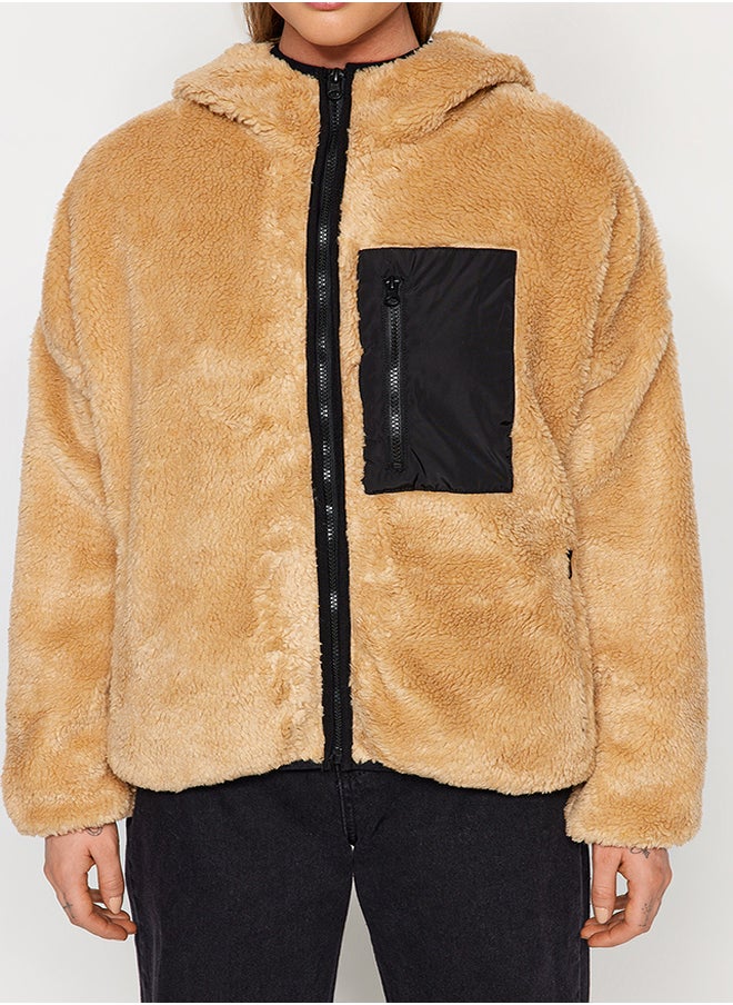 trendyol Camel Oversize Hooded Plush Coat with Pocket Detail TWOAW24MO00200  - Image 5
