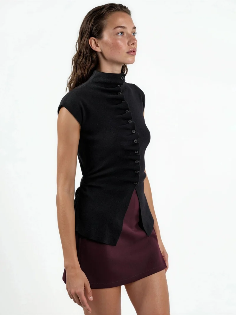 كيوستايل QU STYLE Sleeveless Ribbed Cardigan With Mandarin Collar