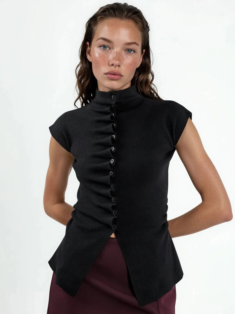 كيوستايل QU STYLE Sleeveless Ribbed Cardigan With Mandarin Collar