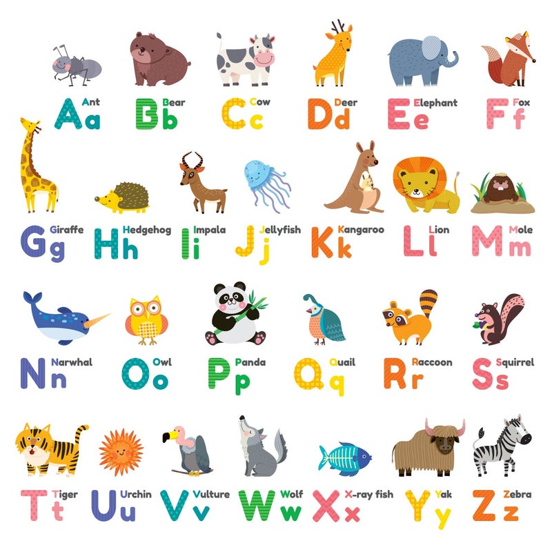 DECOWALL DS81614 Colourful Animal Alphabet ABC Kids Wall Stickers Wall Decals Peel and Stick Removable Wall Stickers for Kids Nursery Bedroom Living Room dcor