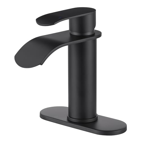 WOWOW Waterfall Bathroom Faucet Matte Black Bathroom Sink Faucet for 1 Hole or 3 Holes Single Handle Vanity Faucet with Pop up Drain Stainless Steel Basin Sink Tap for RV Lavatory - Image 1