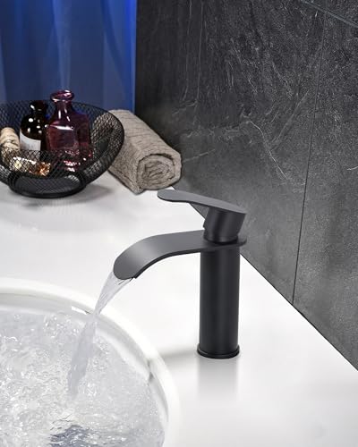 WOWOW Waterfall Bathroom Faucet Matte Black Bathroom Sink Faucet for 1 Hole or 3 Holes Single Handle Vanity Faucet with Pop up Drain Stainless Steel Basin Sink Tap for RV Lavatory - Image 3