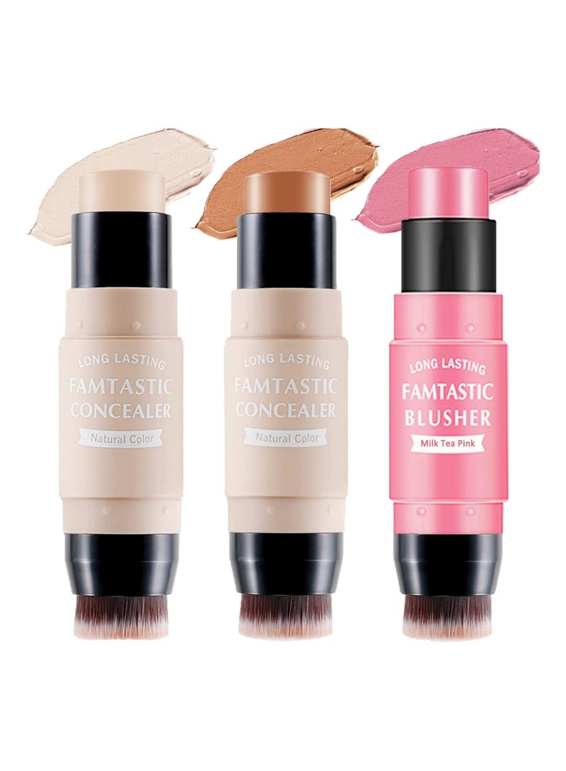 3 Pcs Blush Stick with Brush, Waterproof Multi Cream Blush Stick Makeup, Lightweight, Long-lasting, Easy To Use, 2 in 1 Multi Stick Blush for Cheeks & Lip Tint & Eyeshadow Makeup, for All Skin - Image 1
