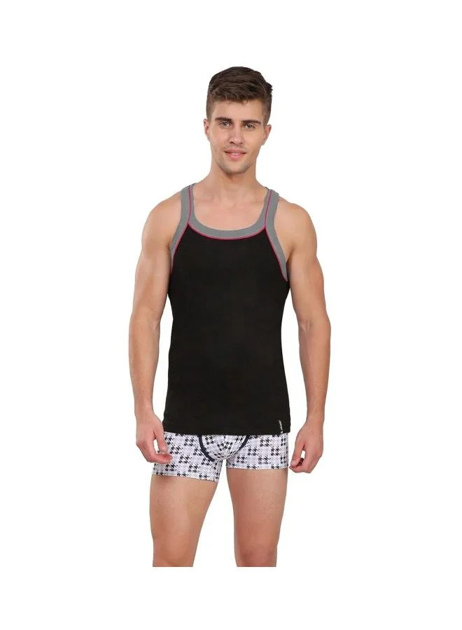 Jockey Black & Grey Melange US54 Men Super Combed Cotton Rib Square Neckline Gym Vest with Back Panel Graphic Print Colours and Shoulder Strap for Men | Best Price UAE