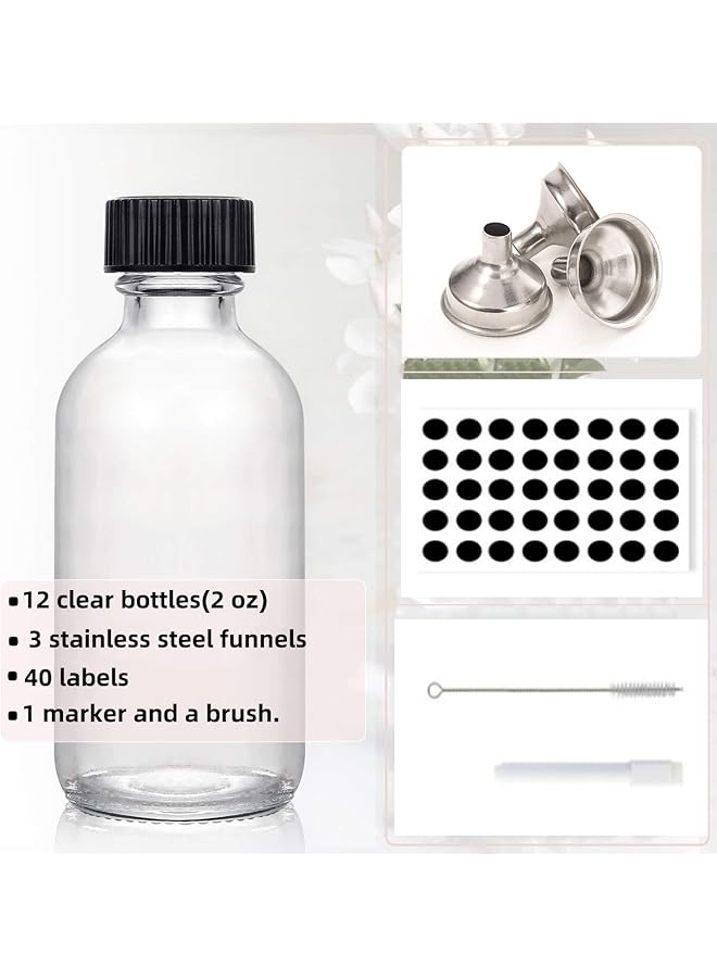 erorex 12 Pack 2 Oz Small Clear Glass Bottles W Lid And 3 Stainless Steel Funnels And 1 Brush 40 Labels Mini Travel Essential Or Decorative Bottles For Potion Juice Etc. - Image 2