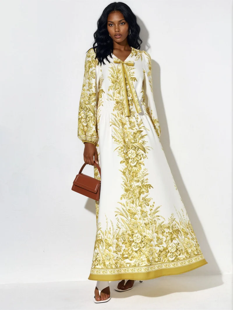 جينيفر Printed V-neck Maxi Dress With Tie Detail