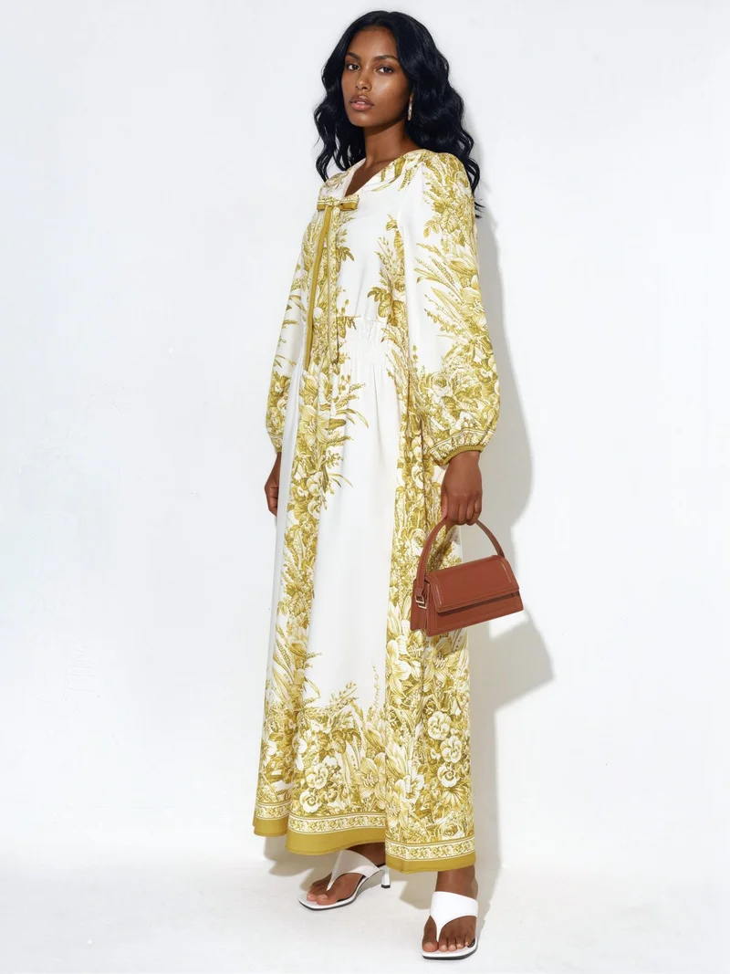 جينيفر Printed V-neck Maxi Dress With Tie Detail