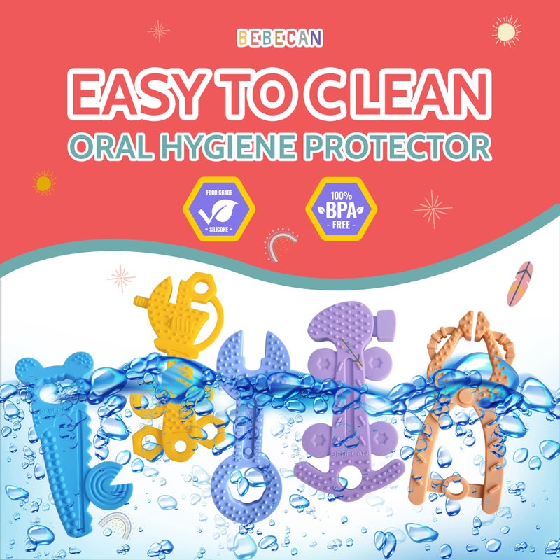 BEBECAN Teething Tools Teether for Baby - 5 Premium Food-Grade Silicone Baby Boy Teething Toys, 2 Straps for Safety and Travel Bag Tool Toys Provide Soothing Relief and Healthy Development. - Image 4