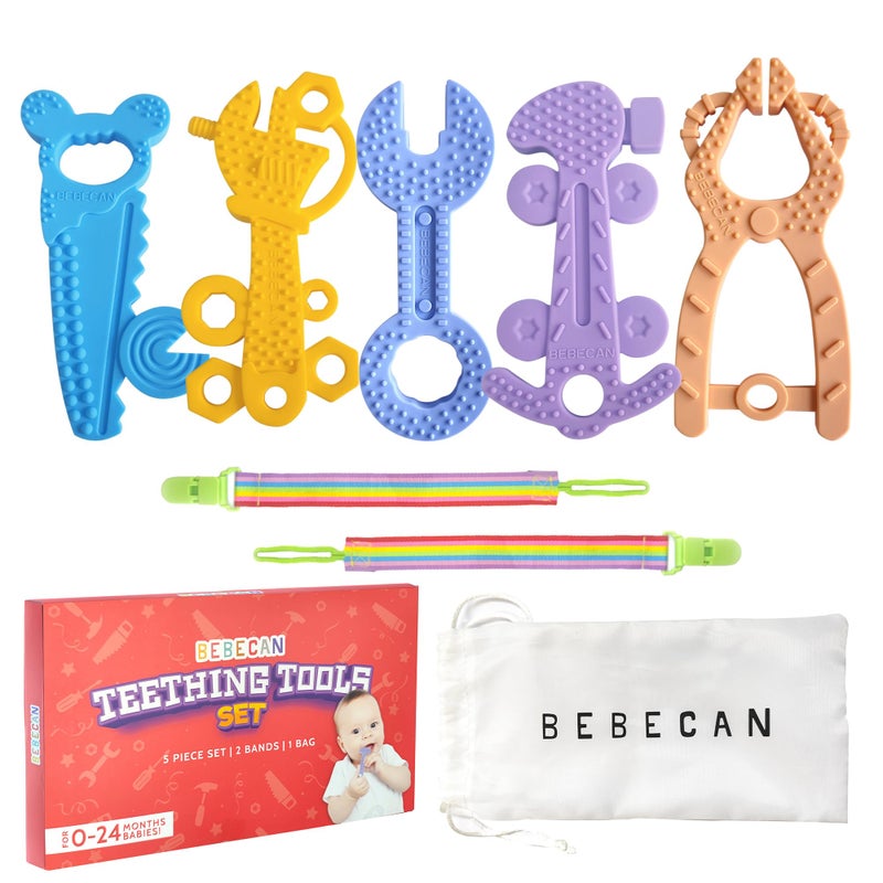 BEBECAN Teething Tools Teether for Baby - 5 Premium Food-Grade Silicone Baby Boy Teething Toys, 2 Straps for Safety and Travel Bag Tool Toys Provide Soothing Relief and Healthy Development. - Image 1