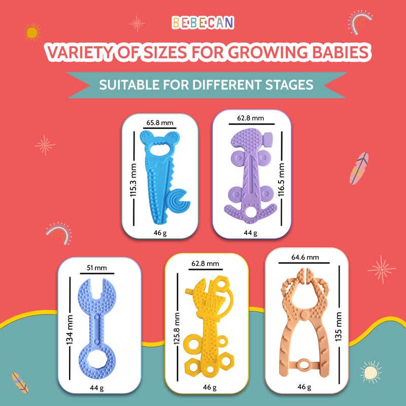 BEBECAN Teething Tools Teether for Baby - 5 Premium Food-Grade Silicone Baby Boy Teething Toys, 2 Straps for Safety and Travel Bag Tool Toys Provide Soothing Relief and Healthy Development. - Image 5