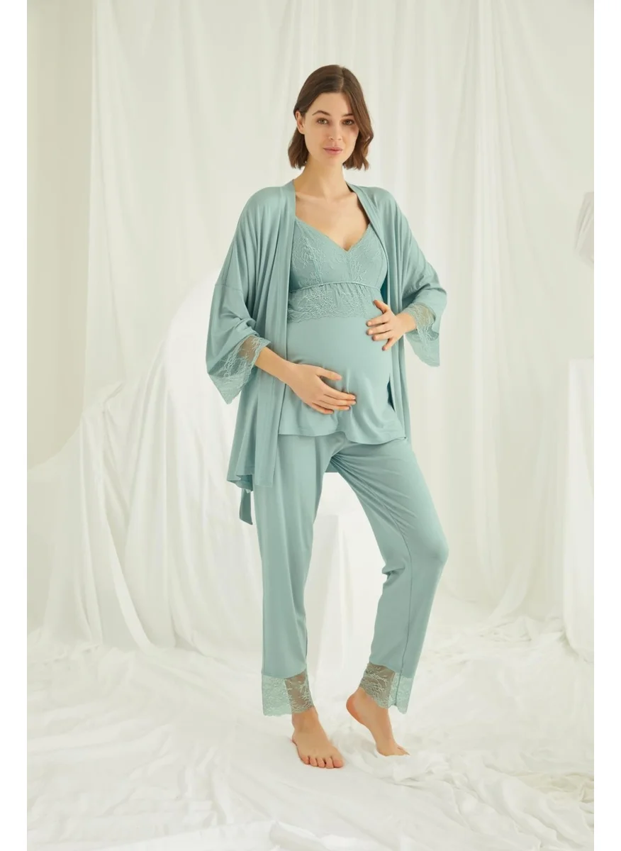 Monamise Women's Solid Color Lace Maternity 3-Piece Pajama Set