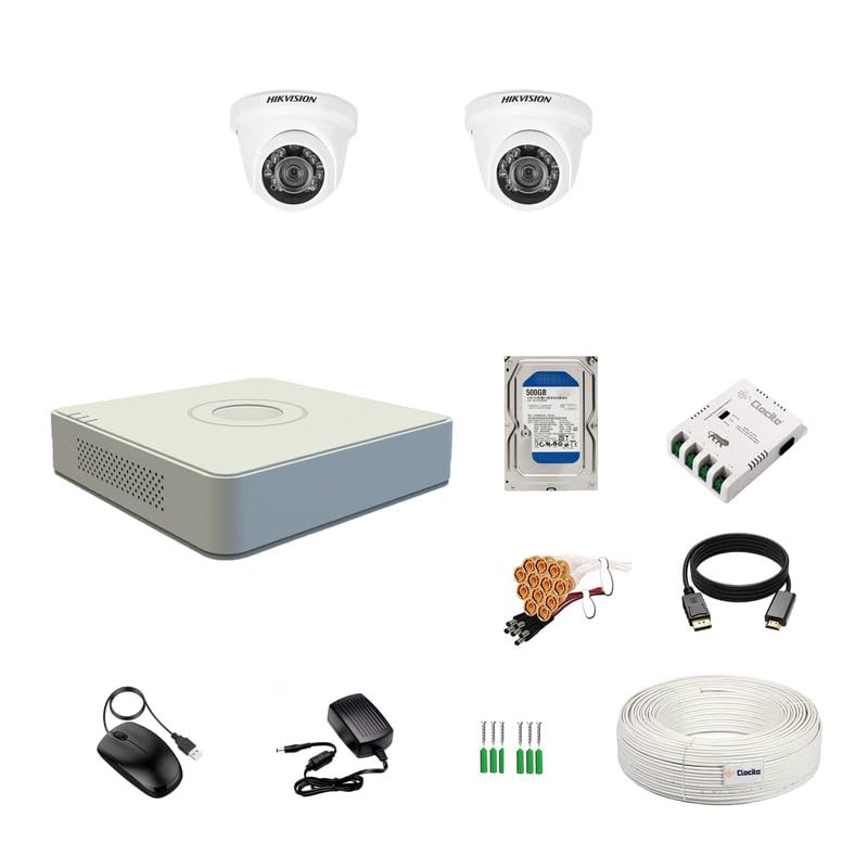 Clocite مجموعة كاميرات Clocite HIKVISION 4 قناة DVR مع كاميرتين قبة بدقة 2 ميجابكسل رؤية نهارية وليلية 500 جيجابايت HDD لفة كابل 13 4 CH مزود طاقة BNC DC مجموعة كاملة - Image 1