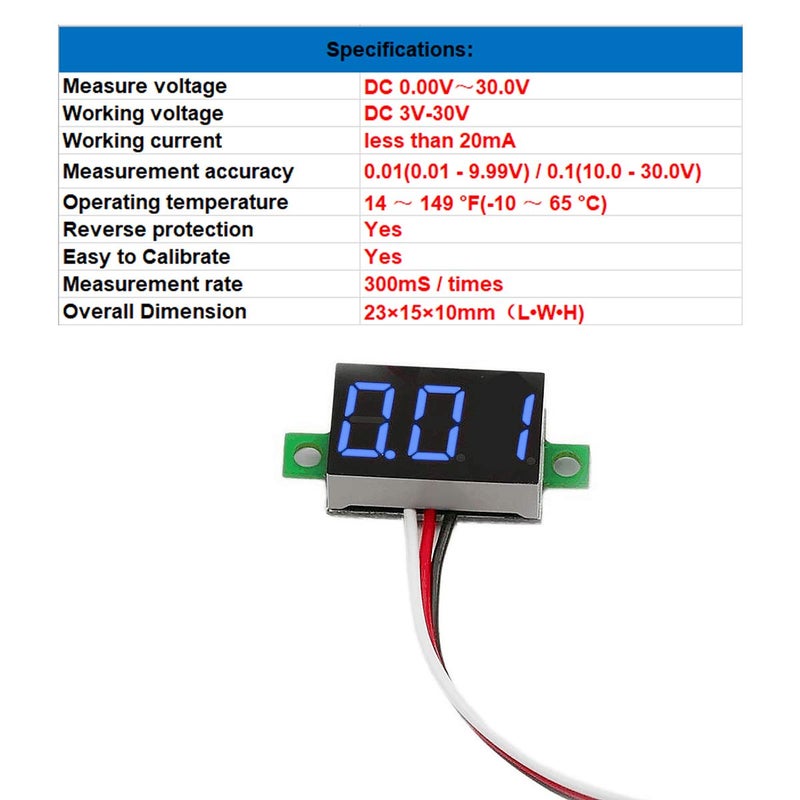 bayite Pack of 5 Three-Wire Calibratable DC 0~30V Blue Digital Mini Voltmeter Gauge Tester Mount Car Motorcycle Battery Monitor Volt Voltage Meter 0.36" Blue LED Display Panel - Image 3