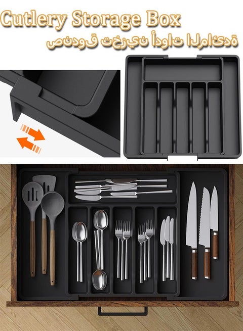 Household Silverware Drawer Organizer Kitchen Expandable Utensil Tray Adjustable Flatware and Cutlery Holder Plastic Storage for Spoons Forks Knives(Black)