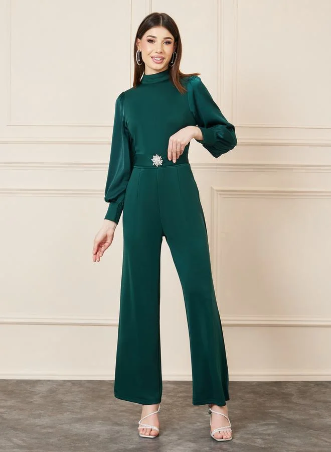 Styli Embellished Buckle Wide Leg Knit Jumpsuit