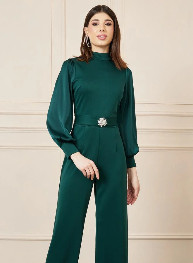 Styli Embellished Buckle Wide Leg Knit Jumpsuit