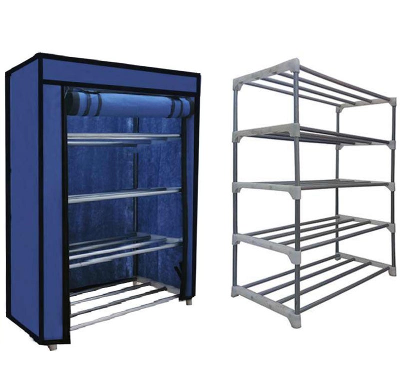 SANAMSTORE Open 4 Tier Metal Pipe With Non-Woven 100Gsm Fabric Cover Shoe/Cloth/Toy/Books Rack-Dark Blue, 30 X 55 X75 cm - Image 1