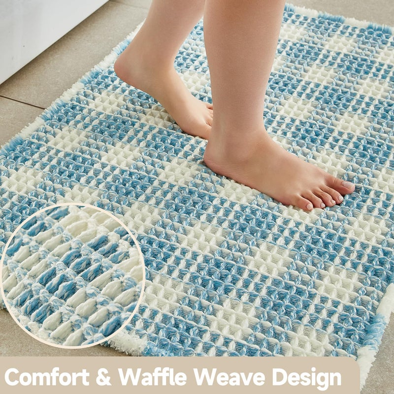 TYUU Waffle Bath Mat, Boho Bathroom Rugs Non Slip Washable Absorbent Checkered Bathroom Mat Quick Dry Cute Bath Mat, 30"x20" Blue and White - Image 3