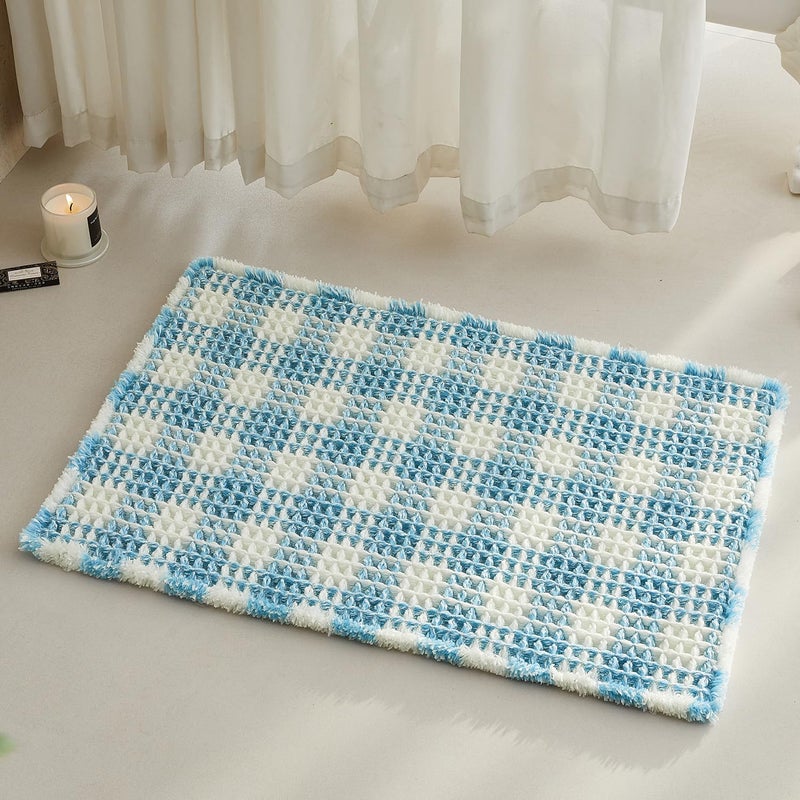 TYUU Waffle Bath Mat, Boho Bathroom Rugs Non Slip Washable Absorbent Checkered Bathroom Mat Quick Dry Cute Bath Mat, 30"x20" Blue and White - Image 1