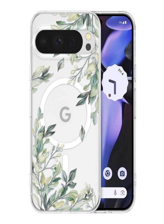 RALEAVO جراب RALEAVO لهاتف Google Pixel 10/10 Pro، [متوافق مع Magsafe] جراب مغناطيسي واقٍ مقاوم للصدمات بنقشة زهور، جراب سيليكون شفاف مضاد للاصفرار لهاتف Pixel 10 Pro/10 - أخضر - Image 1