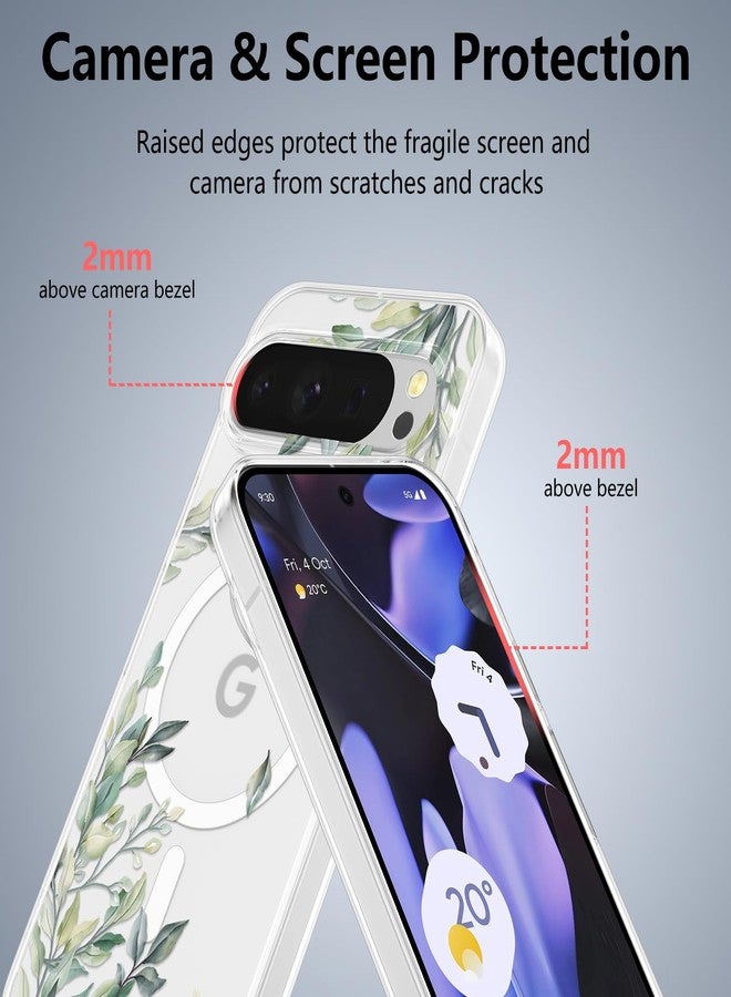 RALEAVO جراب RALEAVO لهاتف Google Pixel 10/10 Pro، [متوافق مع Magsafe] جراب مغناطيسي واقٍ مقاوم للصدمات بنقشة زهور، جراب سيليكون شفاف مضاد للاصفرار لهاتف Pixel 10 Pro/10 - أخضر - Image 5