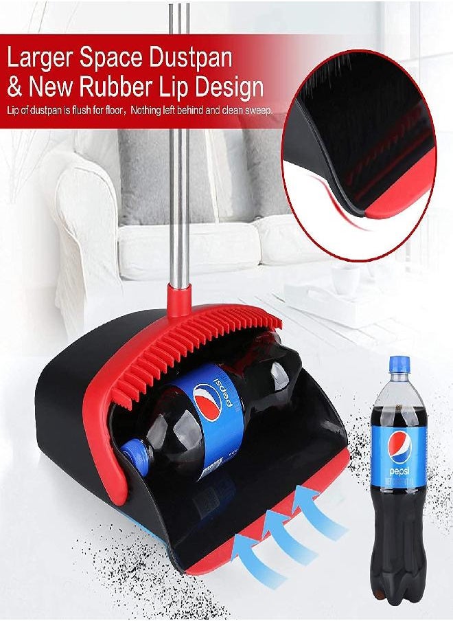 Tiumso - Large Broom and Dustpan, Broom and Dustpan Set, Heavy Duty Dust Pan with 55" Long Handle Upright Dustpan Broom Set, Broom for Indoor Outdoor Garage Kitchen Room Office Lobby Use (Black and Red) - Image 1