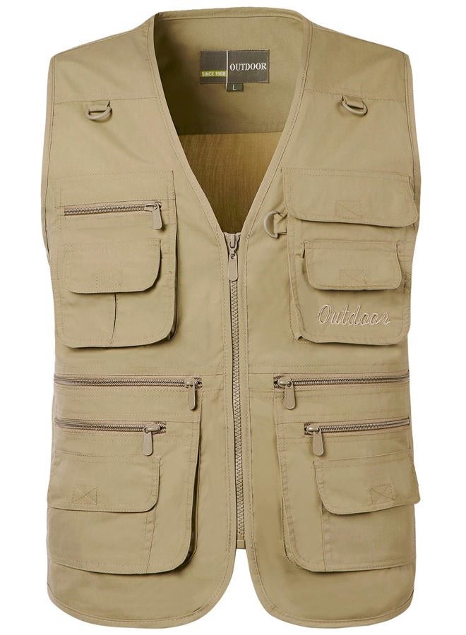 Flygo Style 01 Men's Summer Outdoor Work Safari Fishing Travel Photo Vest with Pockets (Khaki, Medium) - Image 1