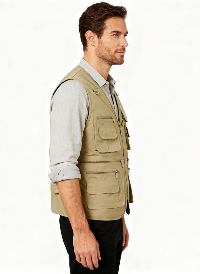 Flygo Style 01 Men's Summer Outdoor Work Safari Fishing Travel Photo Vest with Pockets (Khaki, Medium) - Image 3
