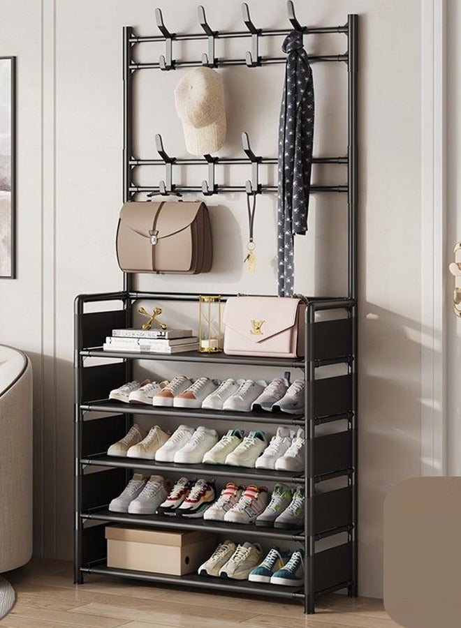 Loquat 2 in 1 Shoe Rack, Sturdy Coat Rack with Shelves and Hooks, Double Row Hook Design, Shoe Storage Ideal for Entry, Bedroom, or Dorm(23.6 x 9.8 x 66.5) - Image 1